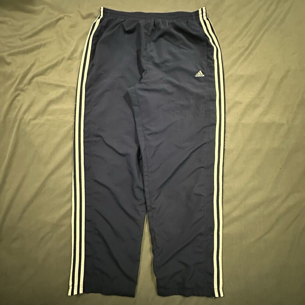 Vintage Adidas Track Pants Mens L Striped Windbreaker Zip Y2K 00s 04 Navy Blue